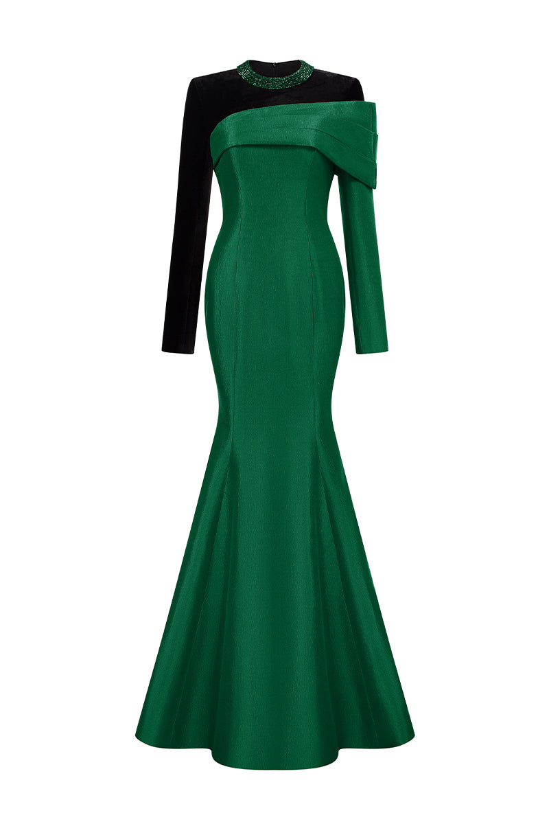 Round Neck Mermaid Gown With Asymmetric Sleeves