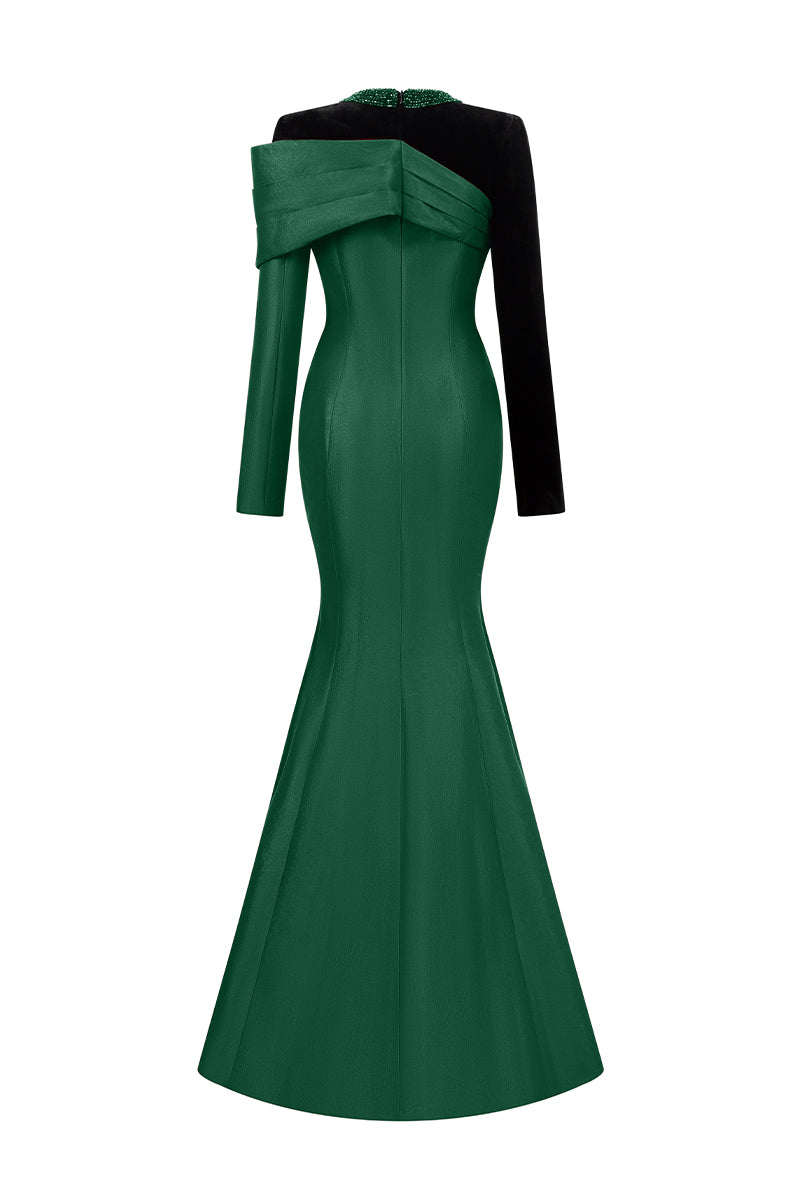 Round Neck Mermaid Gown With Asymmetric Sleeves
