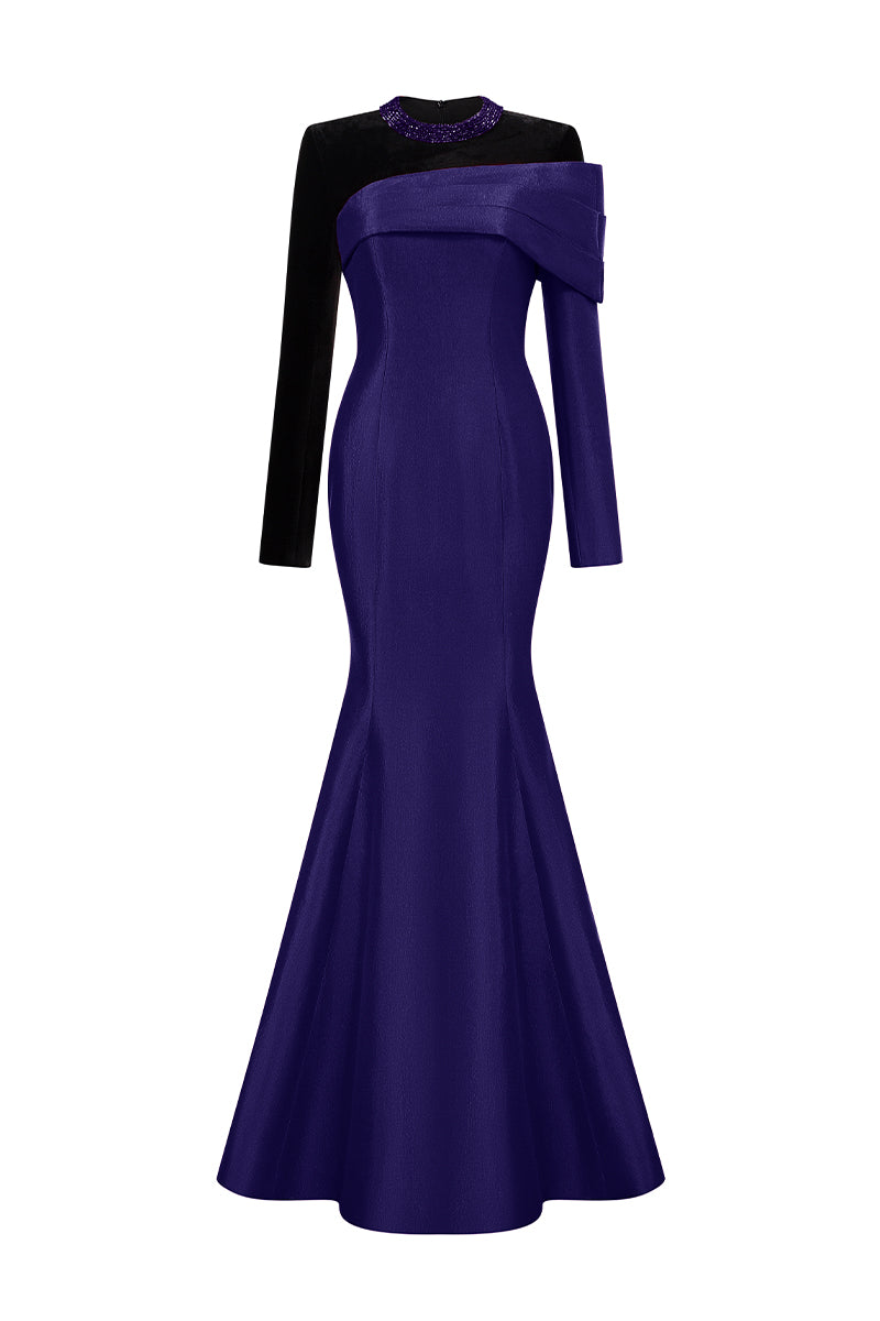 Round Neck Mermaid Gown With Asymmetric Sleeves