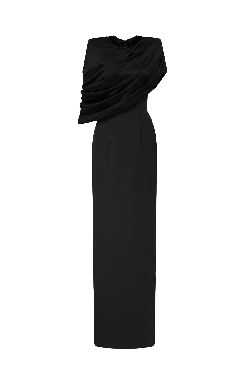 Round Neck Column Gown With Asymmetric Cape In Black Satin Silk And Black Crepe