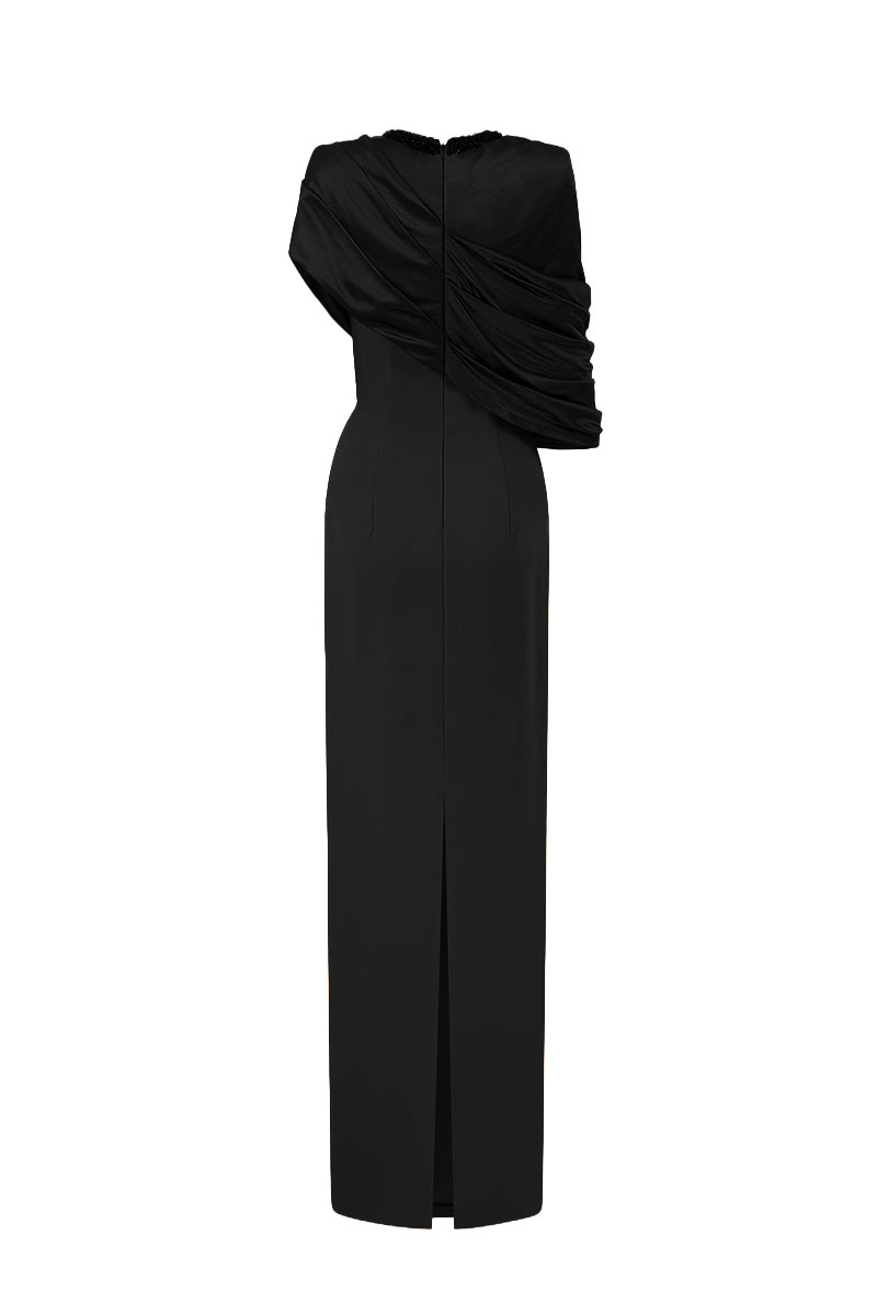Round Neck Column Gown With Asymmetric Cape In Black Satin Silk And Black Crepe