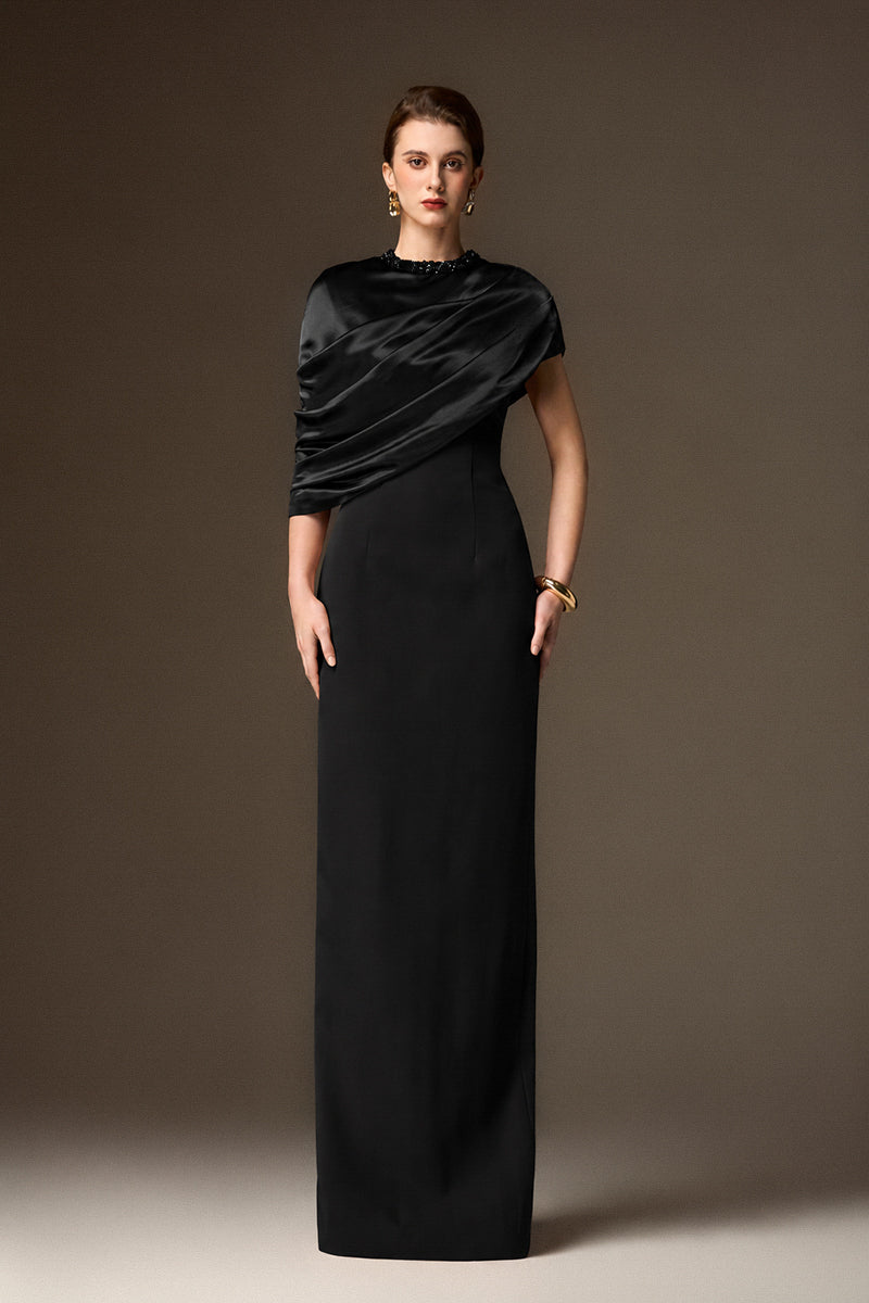 Round Neck Column Gown With Asymmetric Cape In Black Satin Silk And Black Crepe