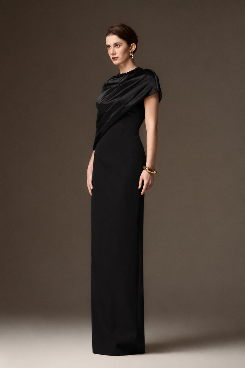 Round Neck Column Gown With Asymmetric Cape In Black Satin Silk And Black Crepe