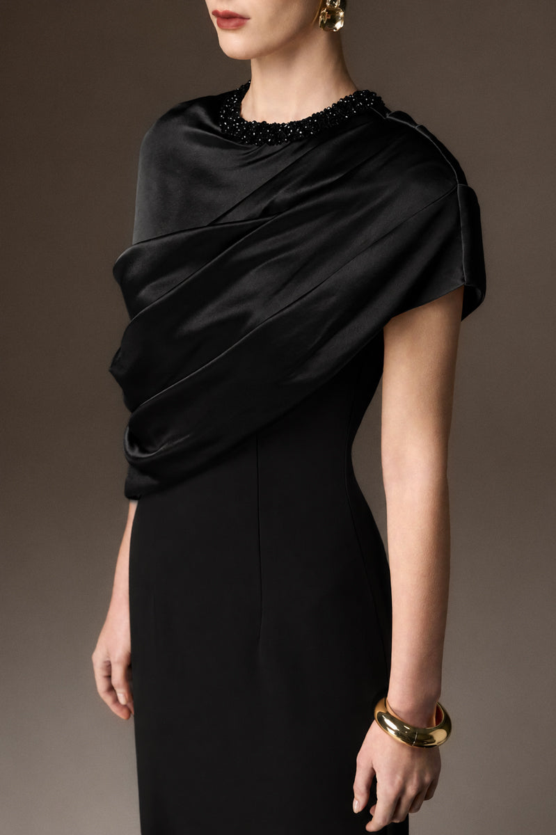 Round Neck Column Gown With Asymmetric Cape In Black Satin Silk And Black Crepe