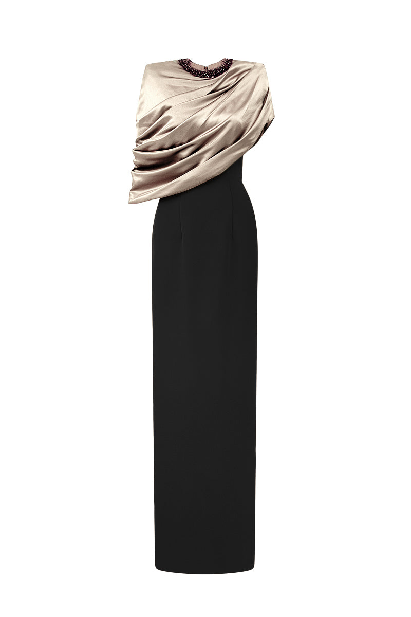 Round Neck Column Gown With Asymmetric Cape In Beige Satin Silk And Black Crepe