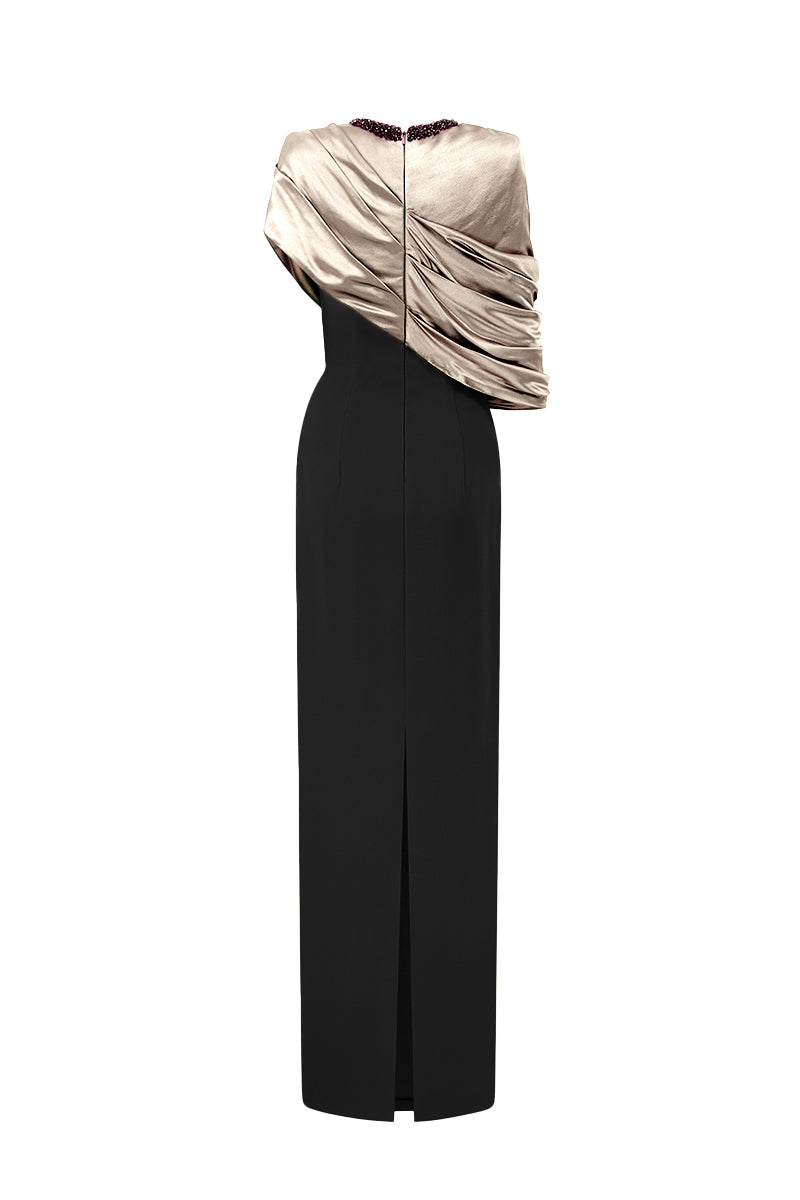 Round Neck Column Gown With Asymmetric Cape In Beige Satin Silk And Black Crepe