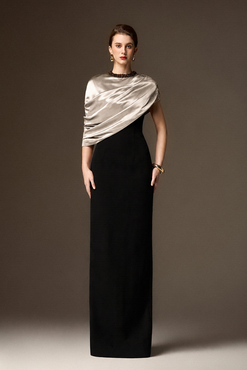 Round Neck Column Gown With Asymmetric Cape In Beige Satin Silk And Black Crepe