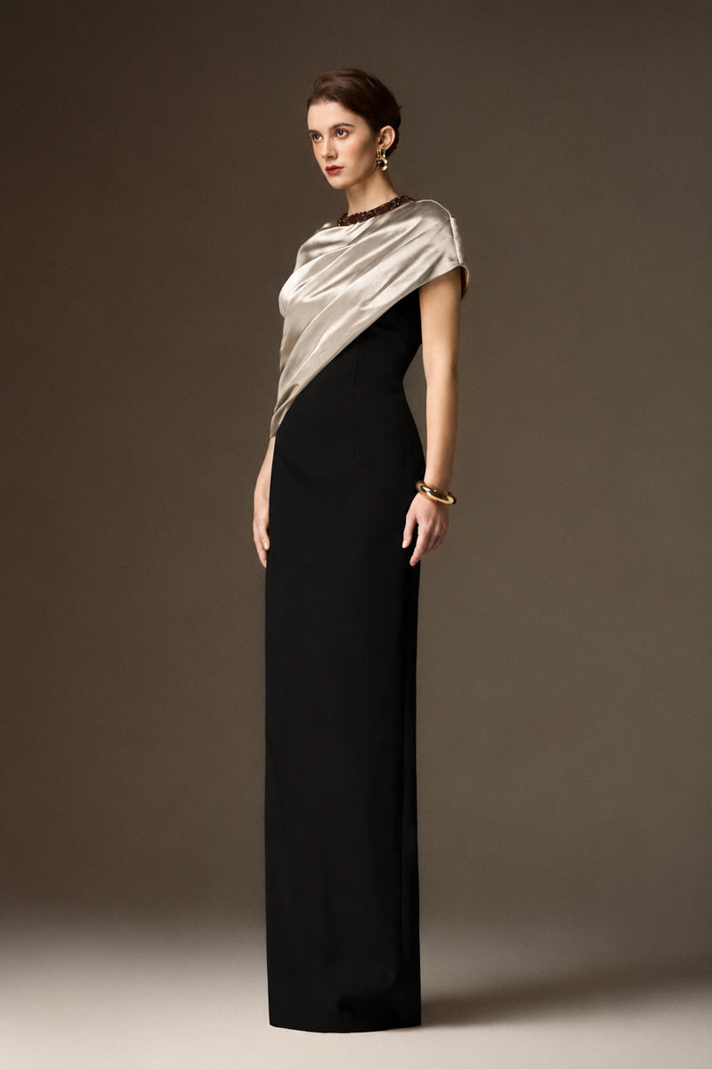 Round Neck Column Gown With Asymmetric Cape In Beige Satin Silk And Black Crepe