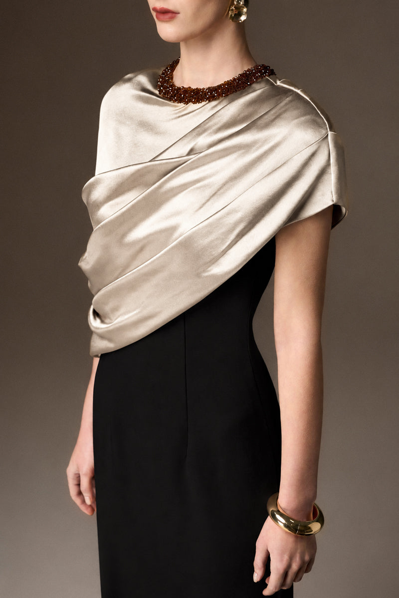Round Neck Column Gown With Asymmetric Cape In Beige Satin Silk And Black Crepe