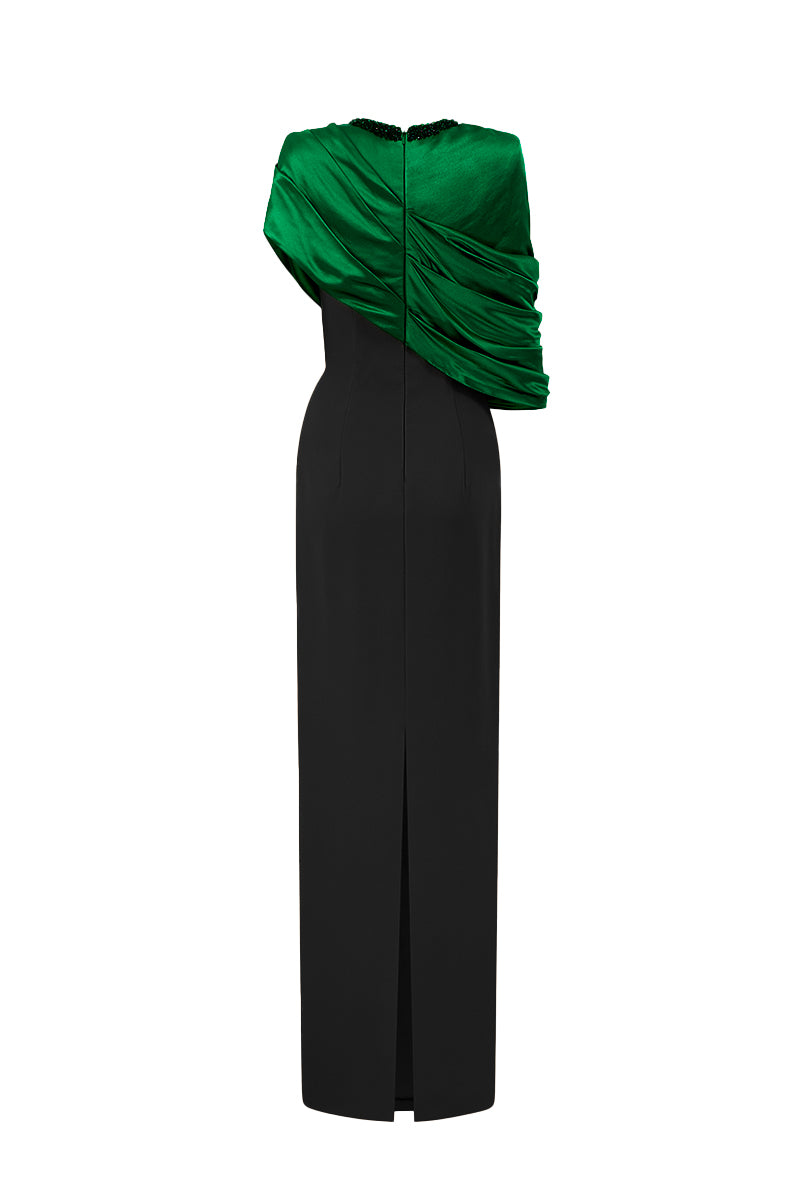 Round Neck Column Gown With Asymmetric Cape In Dark Green Satin Silk And Black Crepe