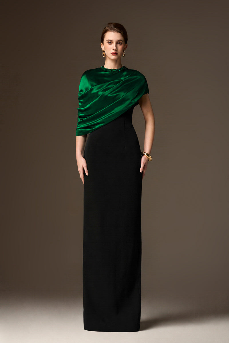 Round Neck Column Gown With Asymmetric Cape In Dark Green Satin Silk And Black Crepe