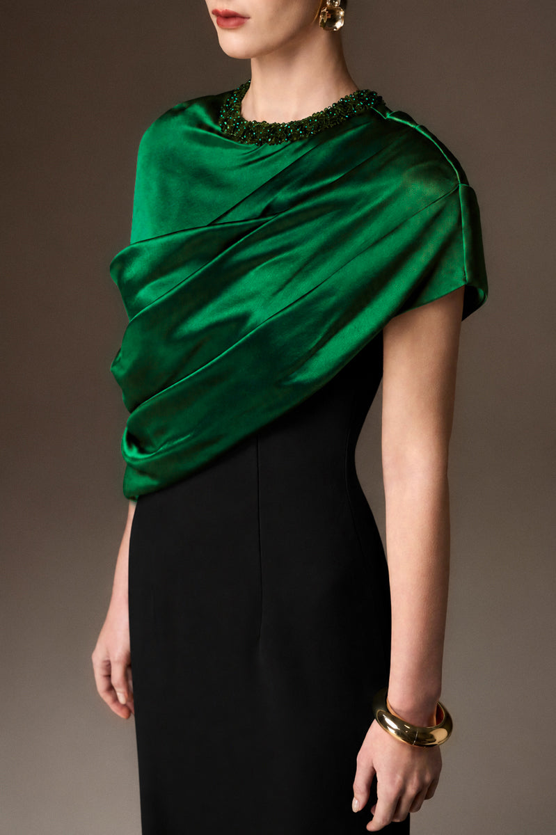 Round Neck Column Gown With Asymmetric Cape In Dark Green Satin Silk And Black Crepe