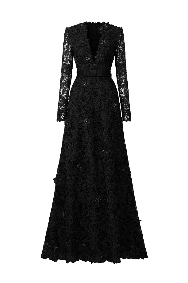 V Neck A-line Gown With Long Sleeves In Black Guipure Lace