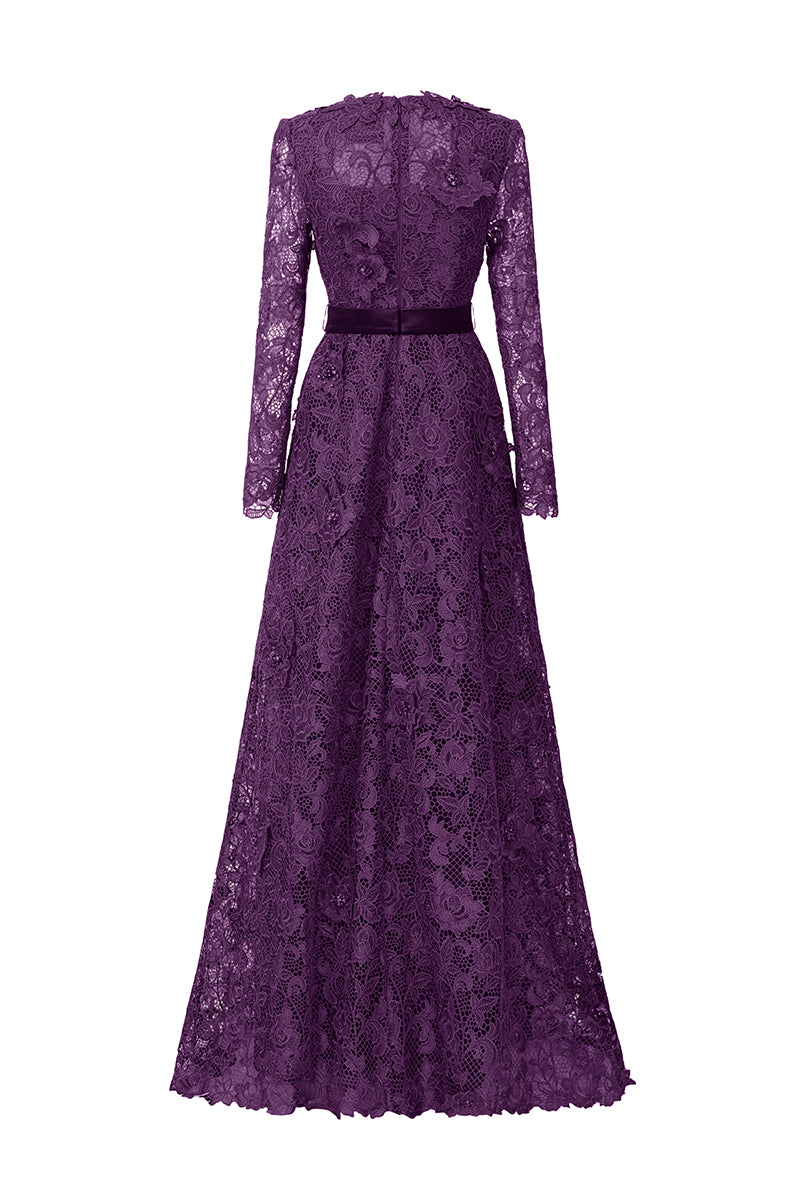 Trapeze Neck A-line Gown With Long Sleeves In Purple Guipure Lace
