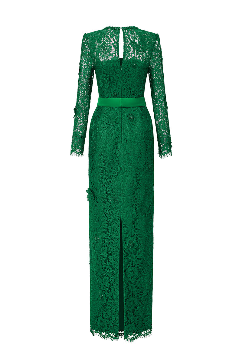 Trapeze Neck Column Gown With Long Sleeves In Dark Green French Lace