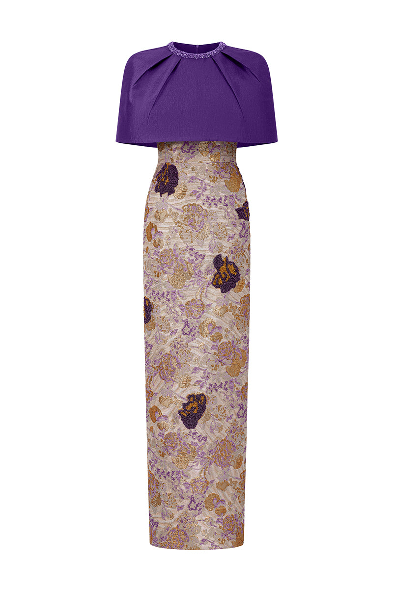 Round Neck Column Gown With Mini Cape In Dark Purple Floral Metallic Jacquard & Taffeta