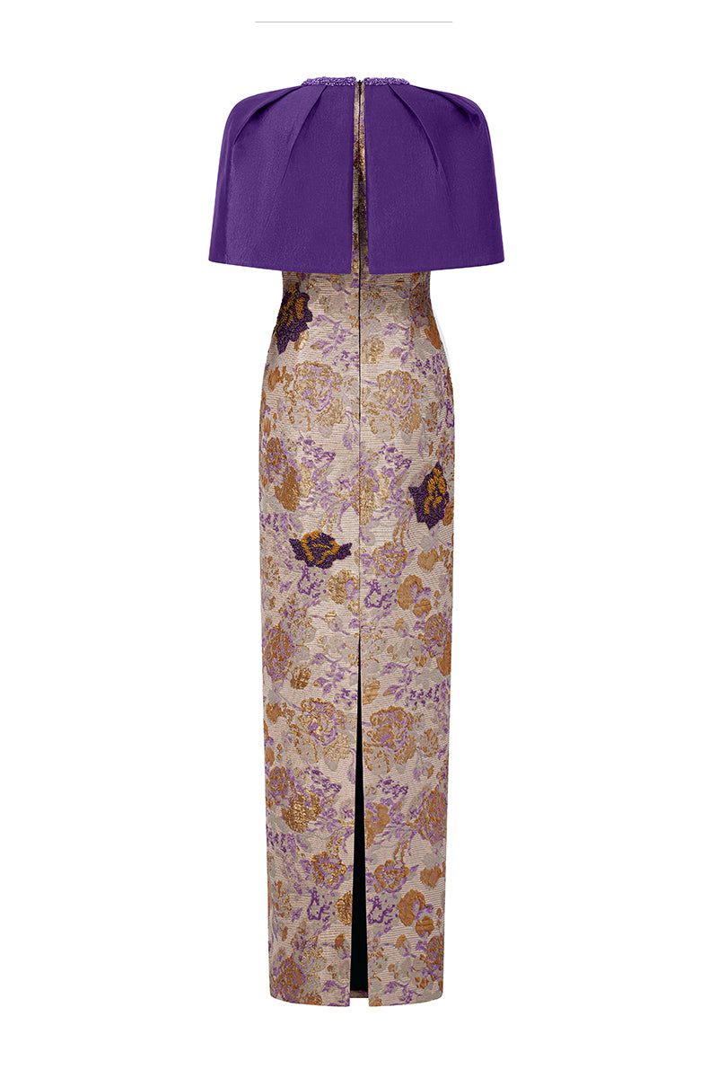 Round Neck Column Gown With Mini Cape In Dark Purple Floral Metallic Jacquard & Taffeta