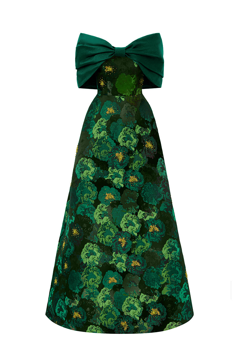Strapless A-line Gown With Bust Bow In Black Taffeta & Dark Green Floral Jacquard
