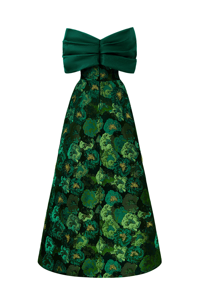 Strapless A-line Gown With Bust Bow In Black Taffeta & Dark Green Floral Jacquard