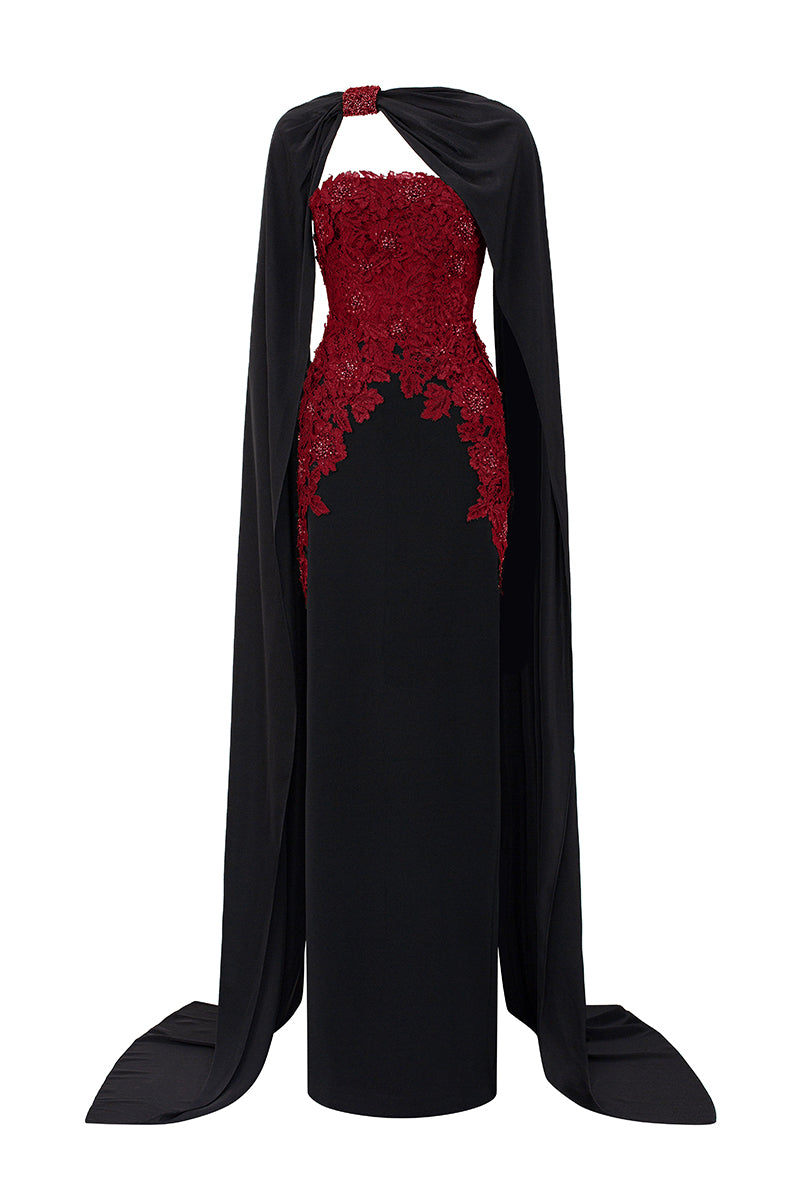Strapless Column Gown With Long Cape In Dark Red French Lace & Black Crepe
