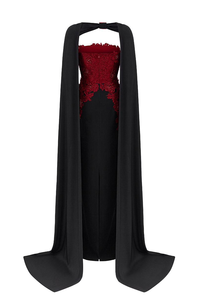 Strapless Column Gown With Long Cape In Dark Red French Lace & Black Crepe