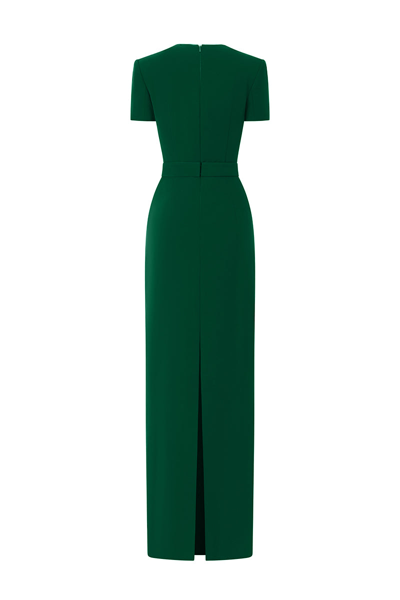 Trapeze Neck Column Gown With Short Sleeves In Dark Green Crepe