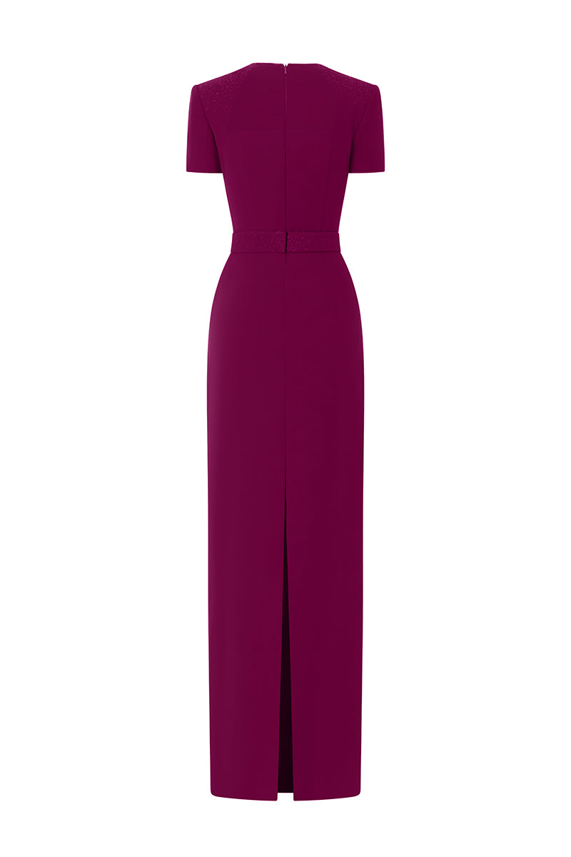 Trapeze Neck Column Gown With Short Sleeves In Dark Green Crepe