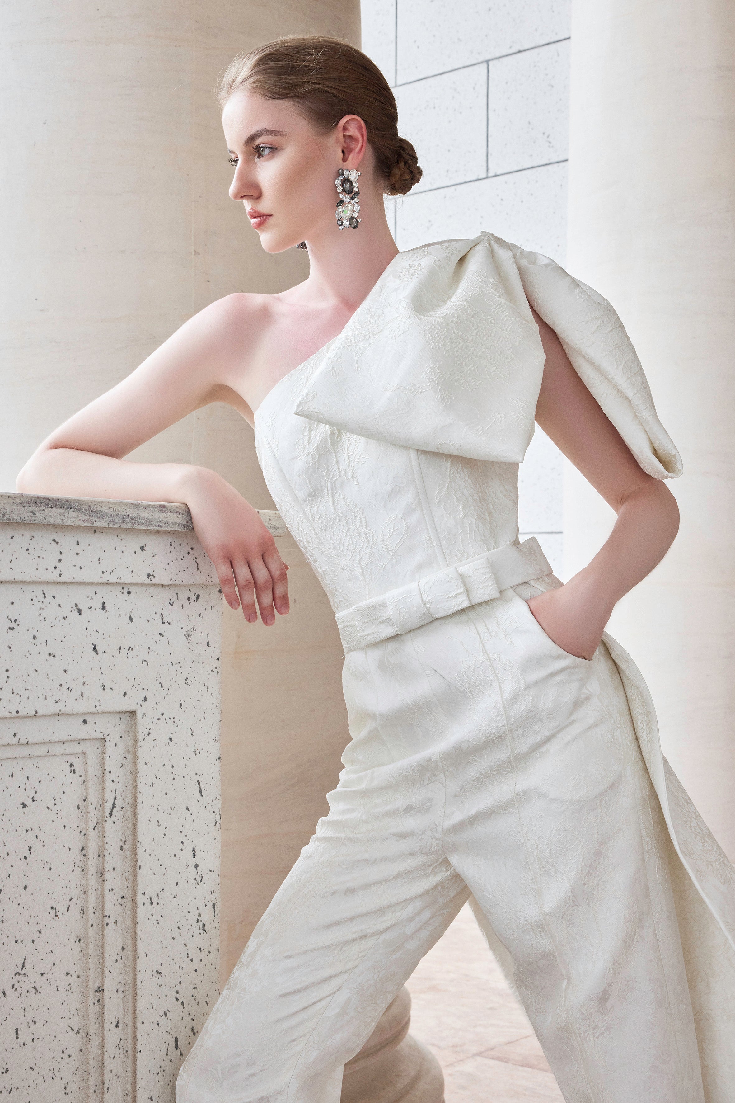 One Shoulder Jumpsuit With Exaggerated Bow