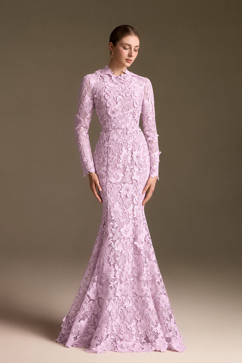 Round Neck Mermaid Gown With Long Sleeves In Light Purple Guipure Lace