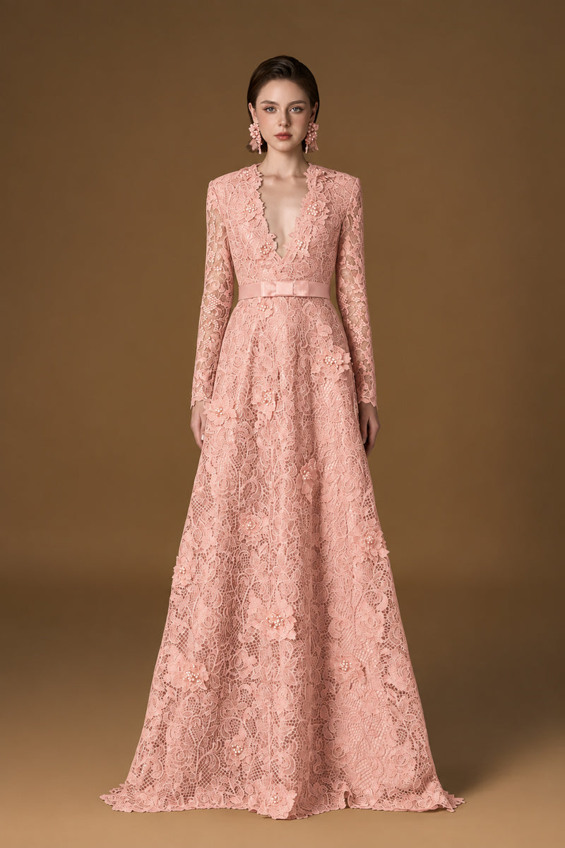 V Neck A-line Gown With Long Sleeves In Light Pink Guipure Lace