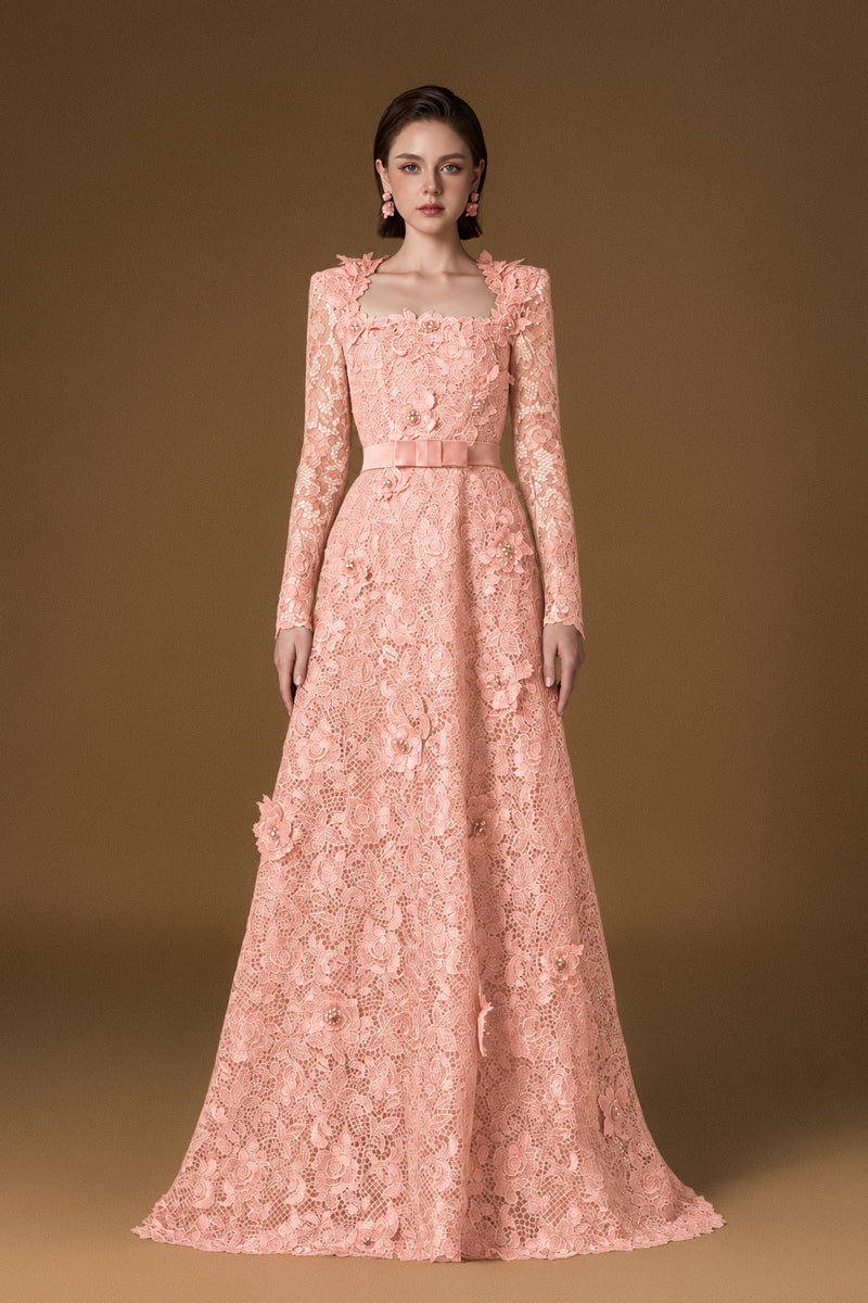 Trapeze Neck A-line Gown With Long Sleeves In Light Pink Guipure Lace