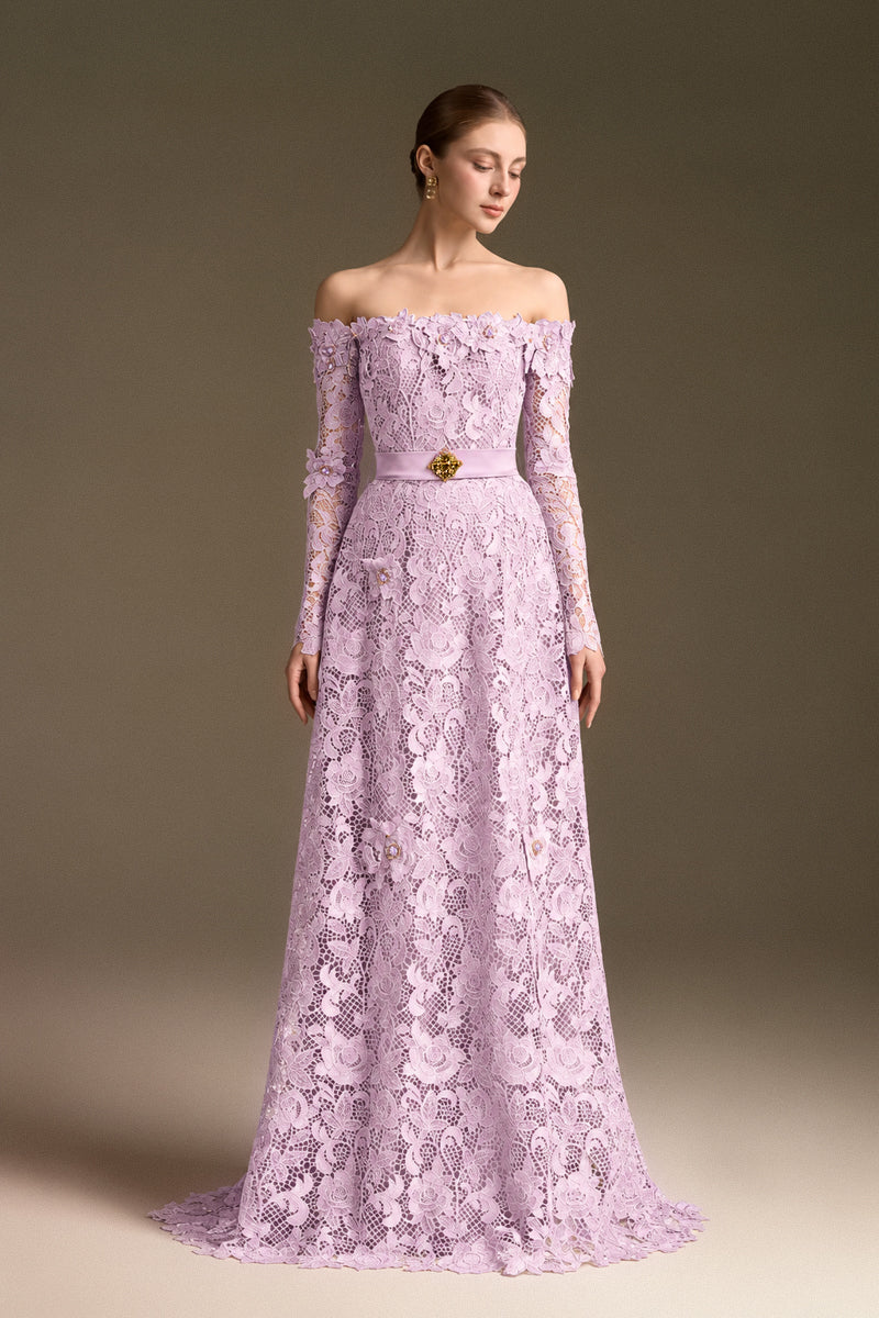 Light Purple Long Sleeves Off-Shoulder A-Line Gown