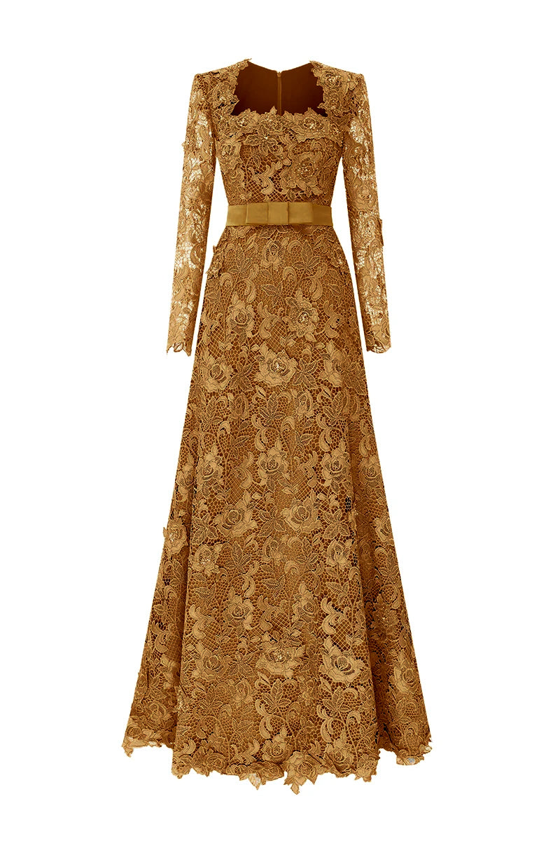 Trapeze Neck A-line Gown With Long Sleeves In Dark Gold Guipure Lace