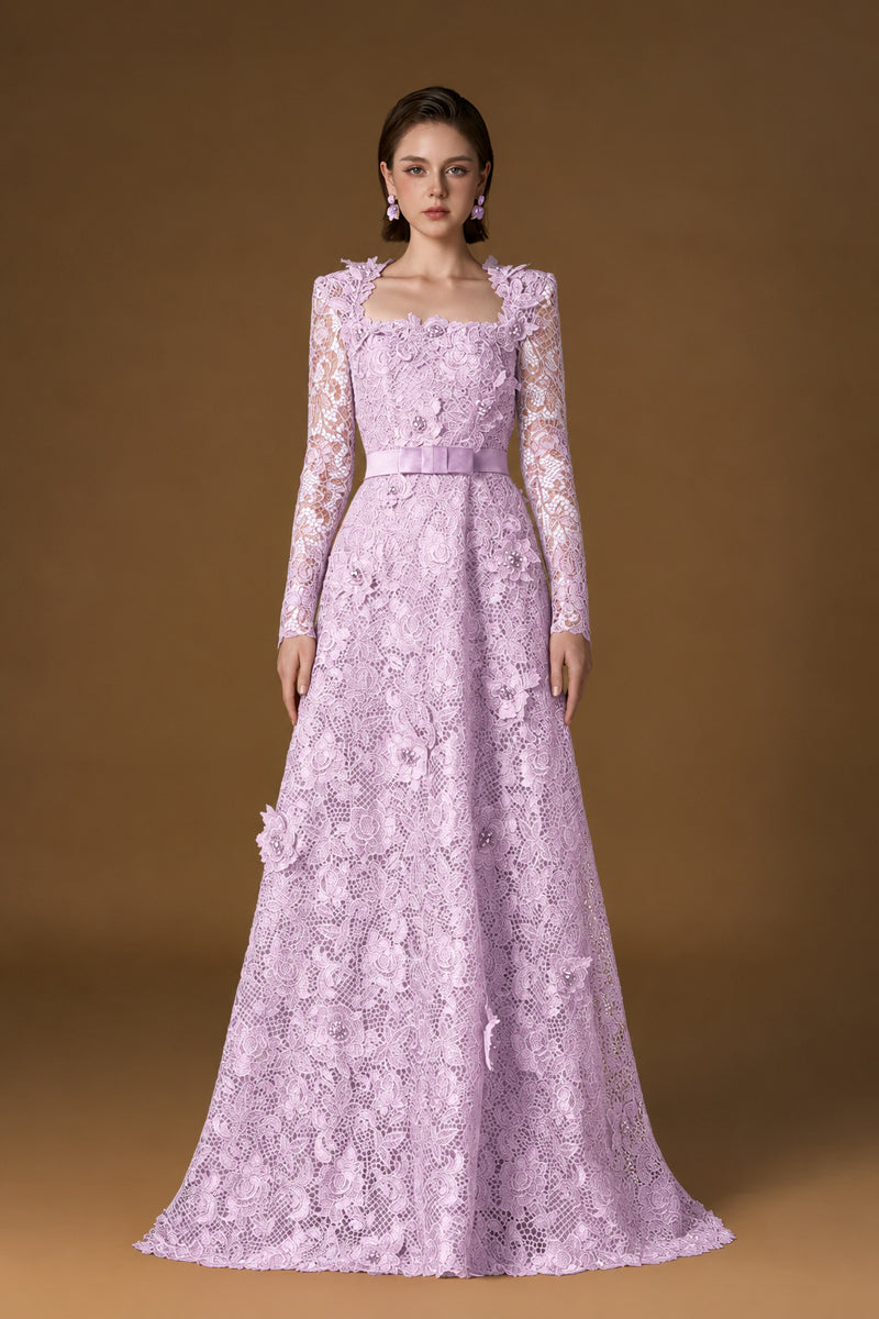 Trapeze Neck A-line Gown With Long Sleeves In Light Purple Guipure Lace