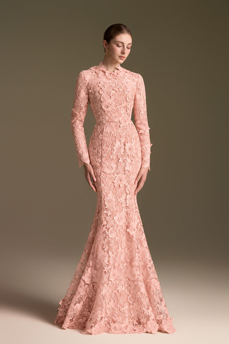 Round Neck Mermaid Gown With Long Sleeves In Light Pink Guipure Lace