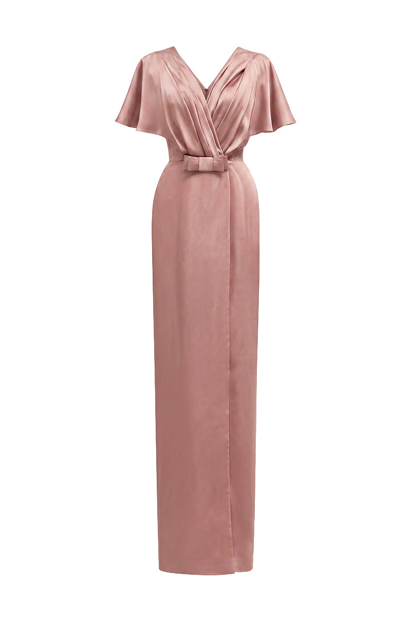 Light Pink Agate Silk V-Neck Dress With Flutter Sleeves And A Slit