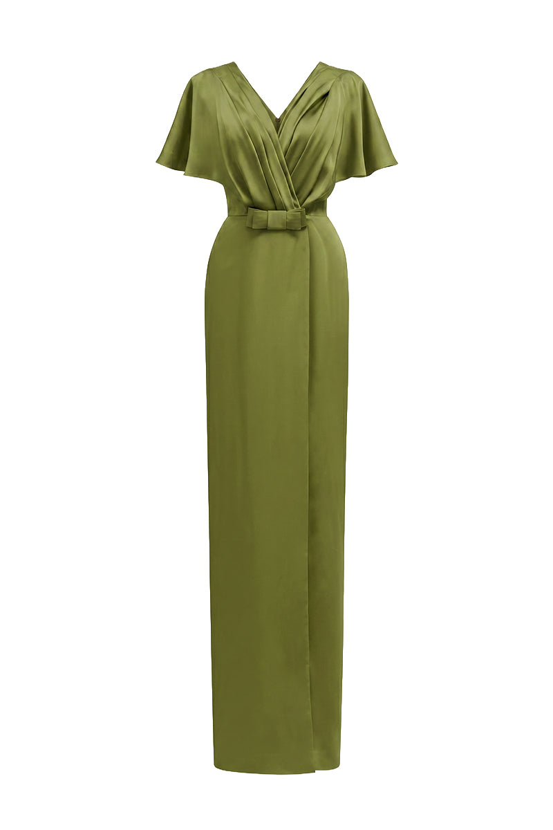 Olive Agate Silk V-Neck Dress With Flutter Sleeves And A Slit