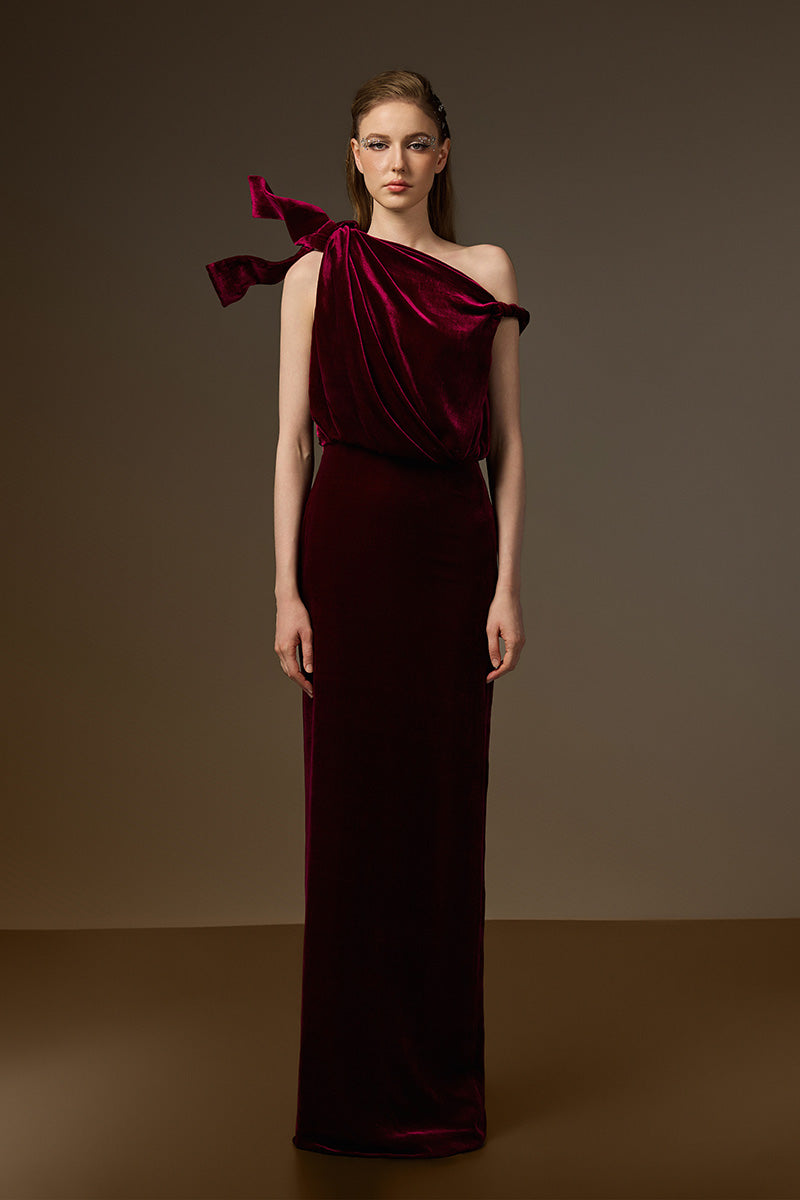 Asymmetric One-Shoulder Column Gown With Flow Drape Detail In Dark Pink Velvet