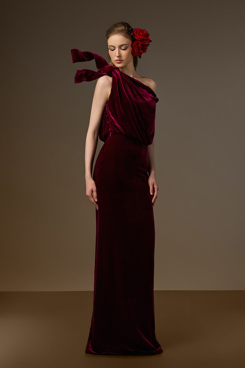 Asymmetric One-Shoulder Column Gown With Flow Drape Detail In Dark Pink Velvet