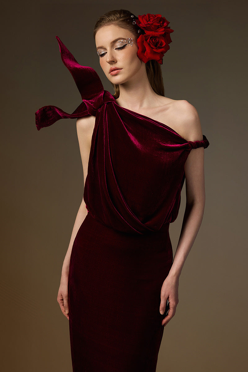 Asymmetric One-Shoulder Column Gown With Flow Drape Detail In Dark Pink Velvet