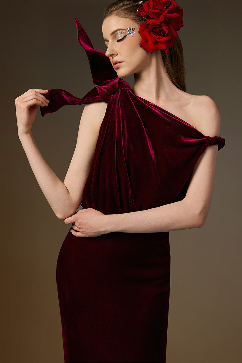 Asymmetric One-Shoulder Column Gown With Flow Drape Detail In Dark Pink Velvet