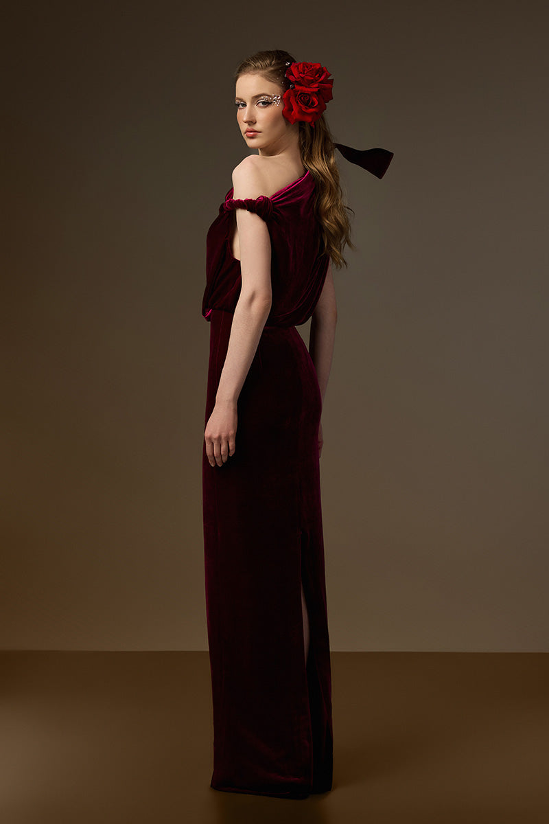 Asymmetric One-Shoulder Column Gown With Flow Drape Detail In Dark Pink Velvet