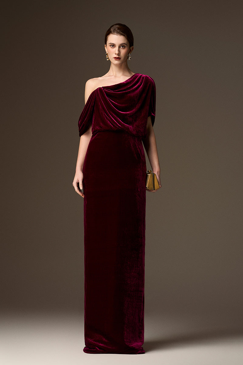 Asymmetric One Shoulder Column Gown With Draped Details In Dark Pink Velvet