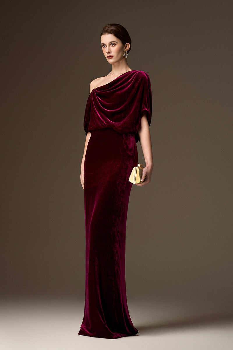 Asymmetric One Shoulder Column Gown With Draped Details In Dark Pink Velvet