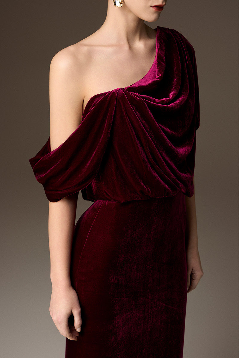 Asymmetric One Shoulder Column Gown With Draped Details In Dark Pink Velvet
