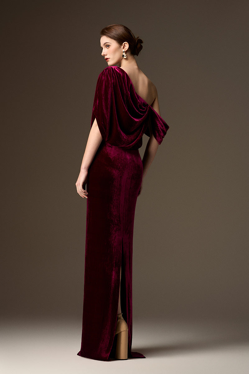 Asymmetric One Shoulder Column Gown With Draped Details In Dark Pink Velvet