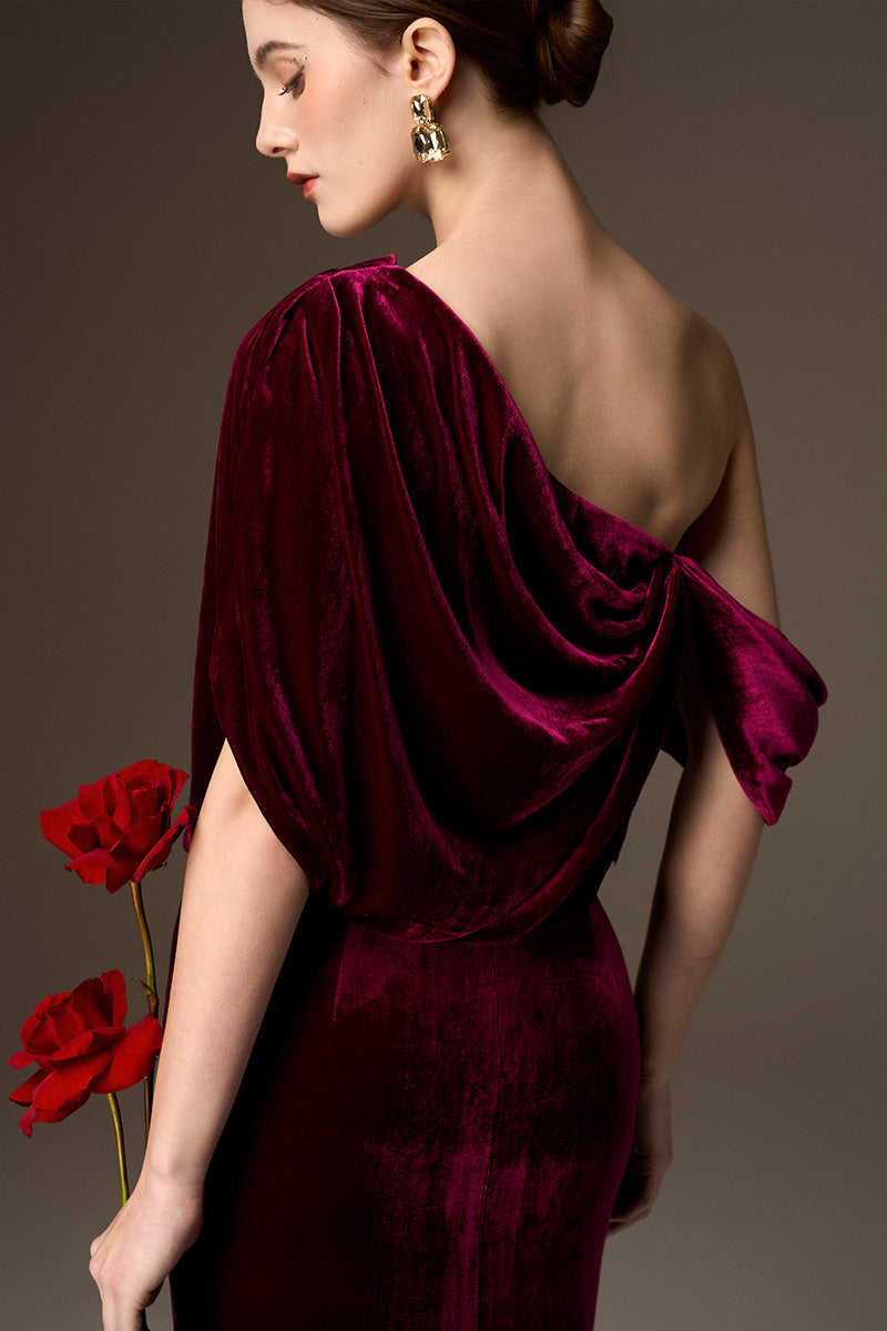 Asymmetric One Shoulder Column Gown With Draped Details In Dark Pink Velvet