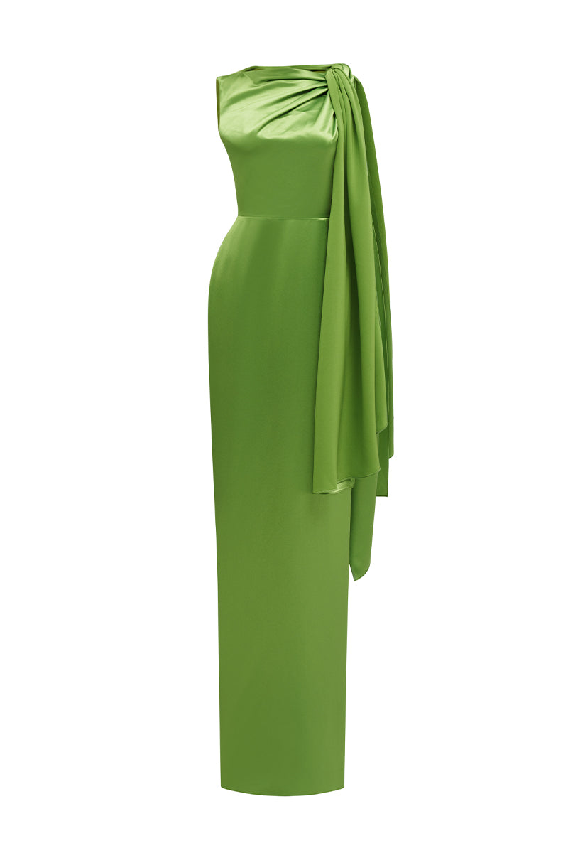 Asymmetric Pleated Gown With Tie Detail In Satin Silk