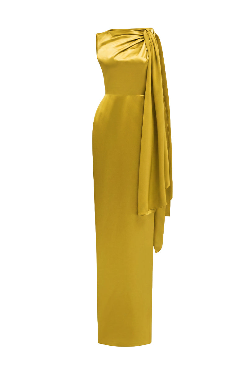 Asymmetric Pleated Gown With Tie Detail In Satin Silk