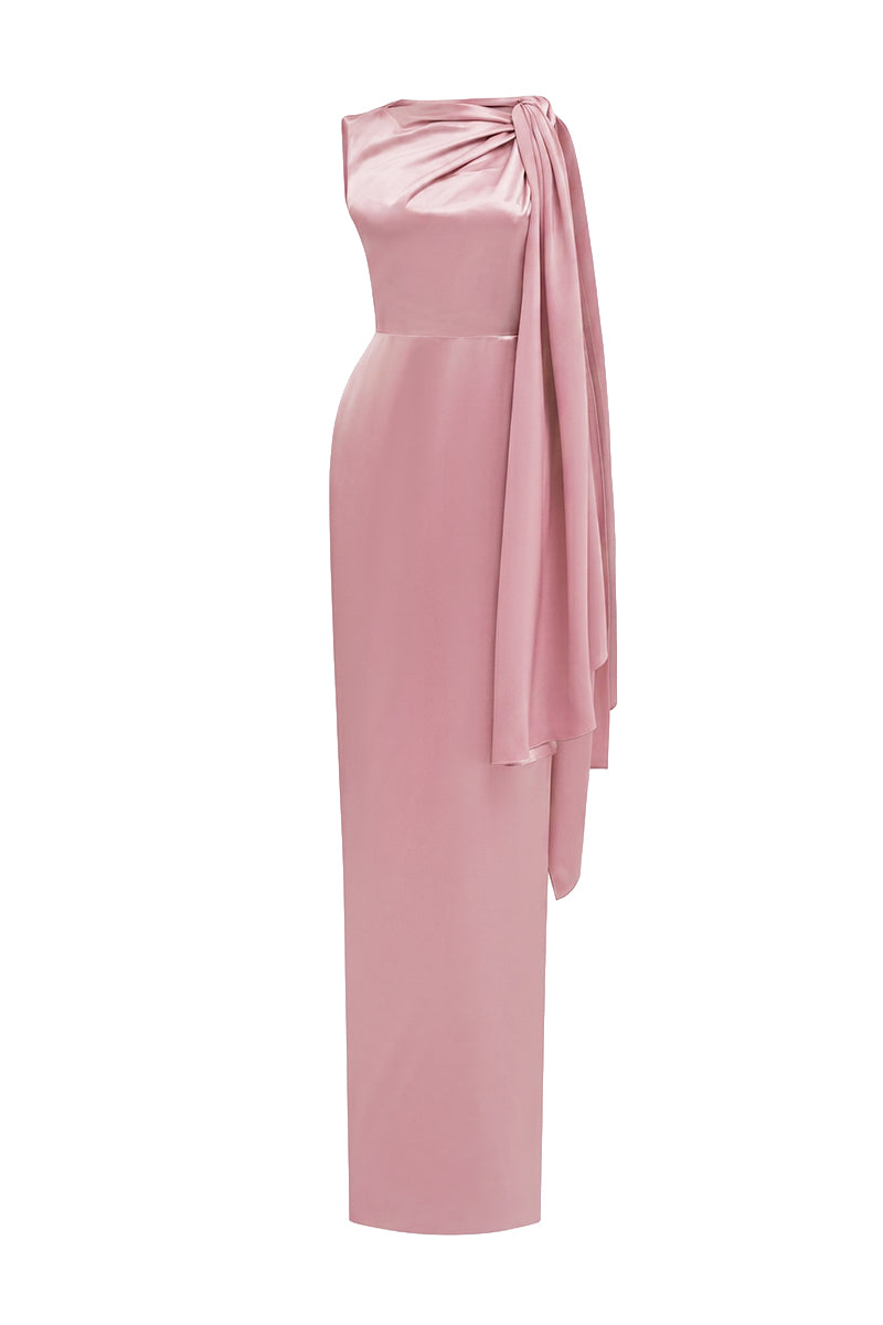 Asymmetric Pleated Gown With Tie Detail In Satin Silk